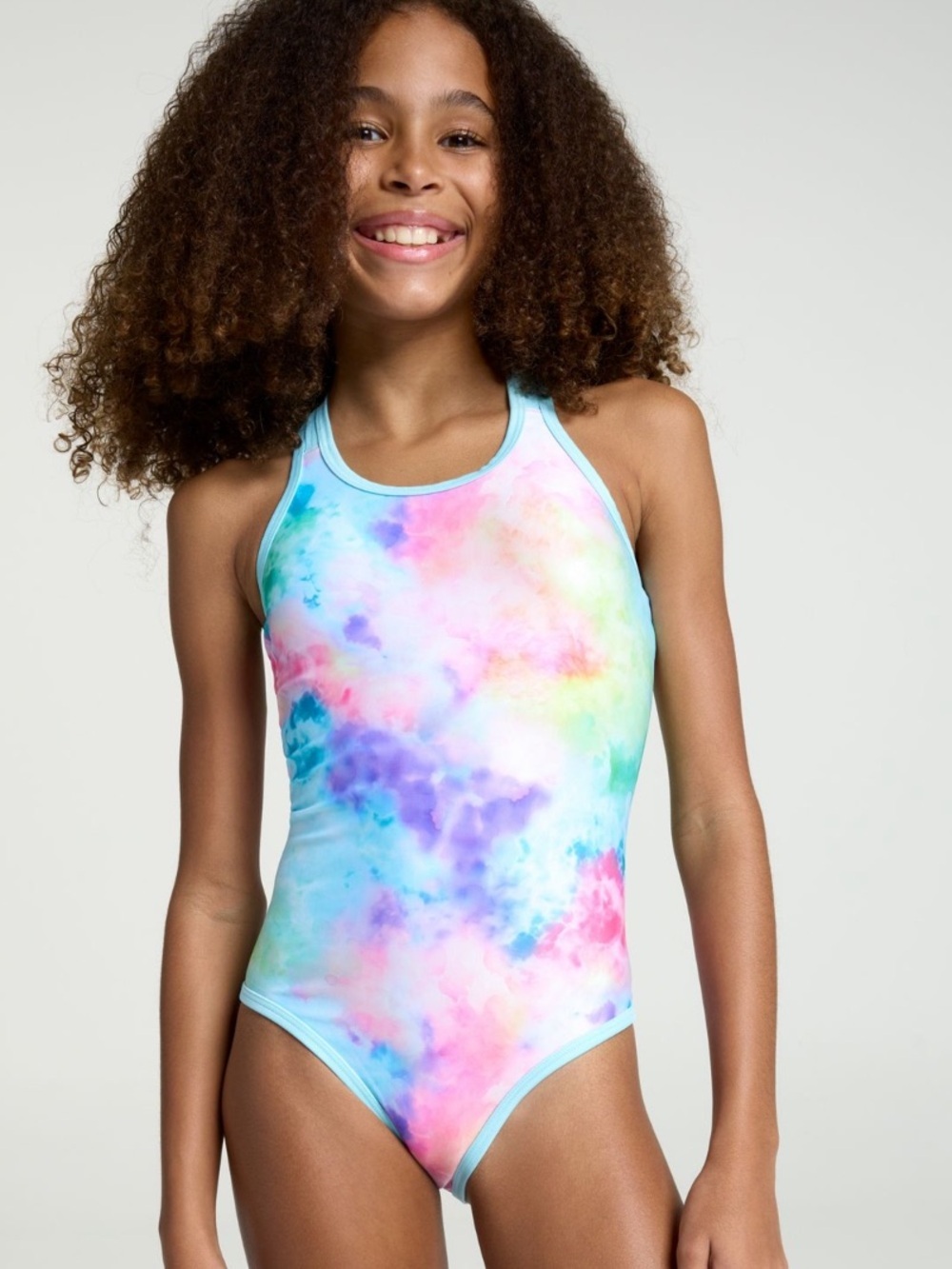 DSG Girls Tie Dye Strappy One Piece Swimsuit M 10/12 UPF 50+ Pastel Rainbow NWT